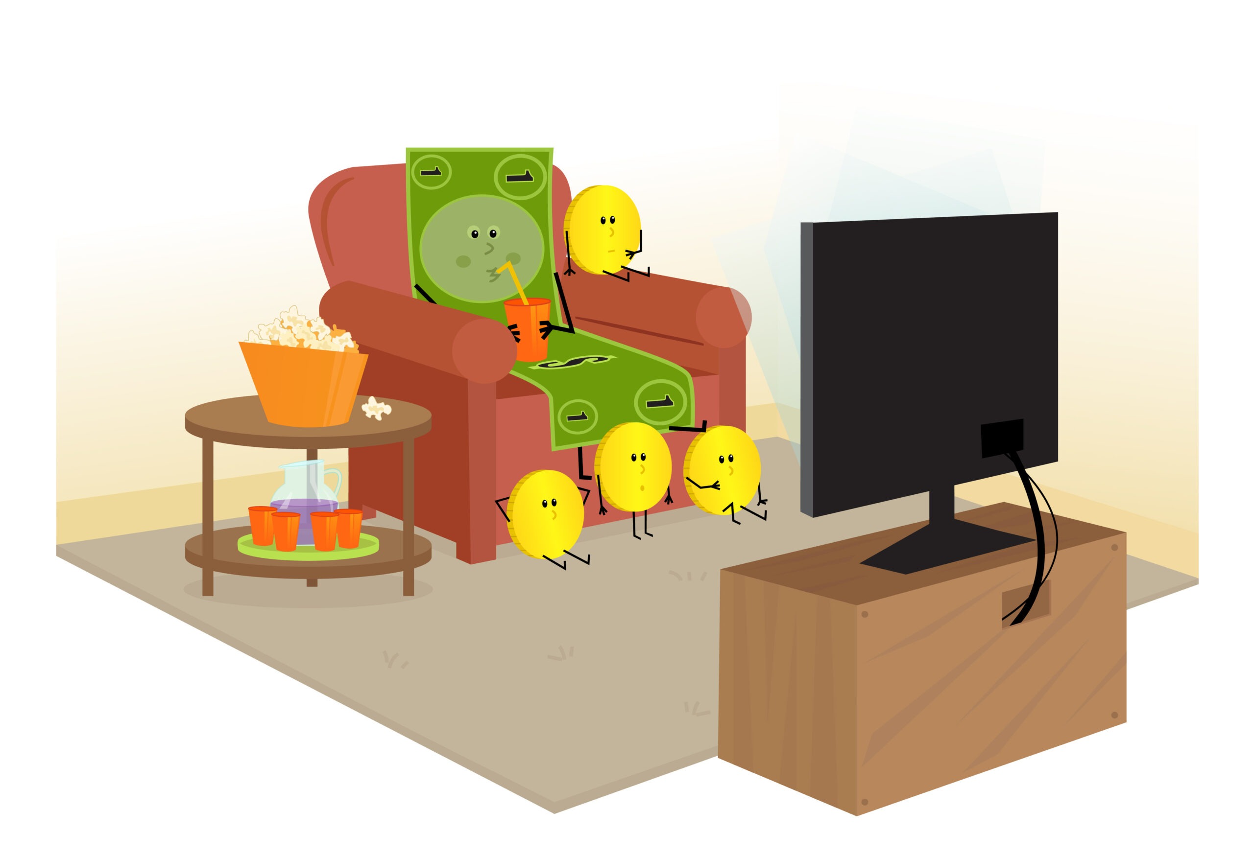 Put Your Money To Work - Dollar bill and gold coins are sitting on a couch, carpet and watching TV. Eps10
